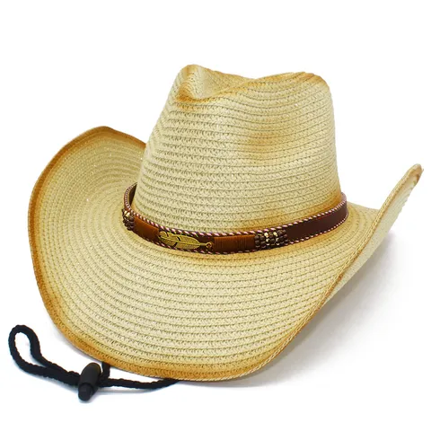 Cappello di Paglia Stile Western Americano Falda Curva Uomo Donna Vintage Cowboy Cappello da Sole Decoro Piuma Traspirante Spiaggia