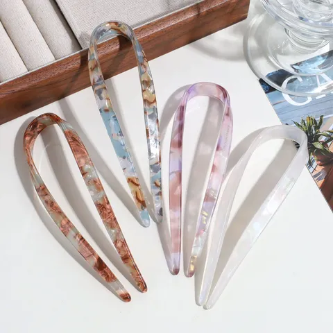 French Style U-Shaped Hairpin For Women Cellulose Acetate Resin Hair Stick Tortoiseshell Marble Pattern Elegant Hair Fork Accessory
