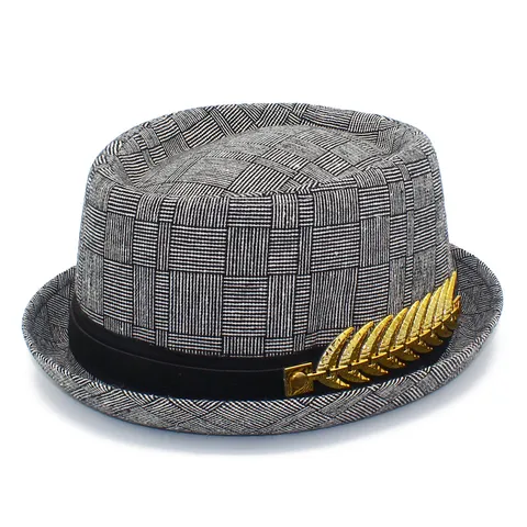 Men British Vintage Cotton Polyester Plaid Fedora Hat Woven Texture Short Brim Casual Outdoor Sun Protection Gentleman Hat With Metal Ornament
