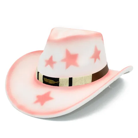 Vintage Western Cowboyhoed Katoen Polyester Ster Bedrukt Gebogen Rand Fedora Met Federdecoratie Band Voor Mannen Vrouwen Feest Outdoor