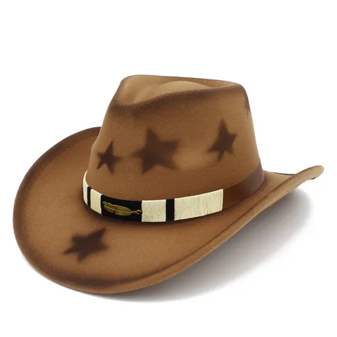Vintage Western Cowboyhoed Katoen Polyester Ster Bedrukt Gebogen Rand Fedora Met Federdecoratie Band Voor Mannen Vrouwen Feest Outdoor