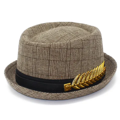 Men British Vintage Cotton Polyester Plaid Fedora Hat Woven Texture Short Brim Casual Outdoor Sun Protection Gentleman Hat With Metal Ornament