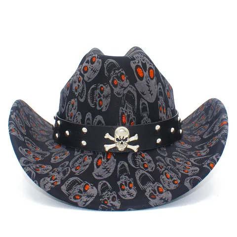 Gothic Punk Skull Print Cowboy Hat Rivet Leather Band Unisex Western Jazz Hat Halloween Party Cosplay Fedora Top Hat