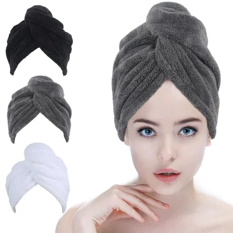 Coral Fleece Hair Drying Towel Cap Quick Drying Absorbent Hair Wrap with Button for Women Bathroom Spa Beach