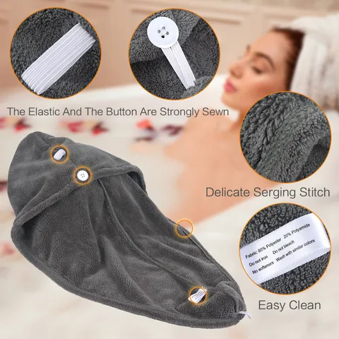 Coral Fleece Hair Drying Towel Cap Quick Drying Absorbent Hair Wrap with Button for Women Bathroom Spa Beach