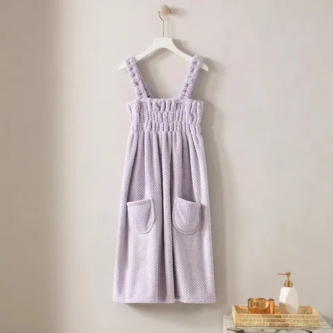 Damen Korallenfleece Ananasgitter Baderock Tragbar Trägerlos Saugfähig Badetuch Lässig Zuhause Nachtwäsche Badekleid