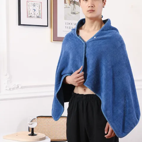 Wearable Bath Towel Cape Hooded Bathrobe Soft Absorbent Coral Fleece Bath Cloak For Swimming Home Bathroom