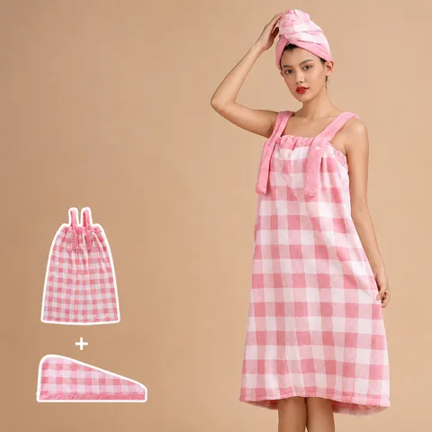 Coral Fleece Plaid Bath Skirt And Hair Drying Cap Set Absorbent Adjustable Wearable Bath Towel For Women Home Bathing
