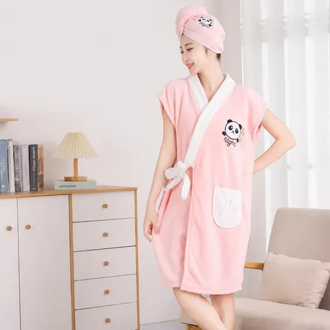 Coral Fleece Wearable Bath Skirt For Women Soft Absorbent Bath Towel With Panda Embroidery And Pocket Adjustable Spa Bathrobe