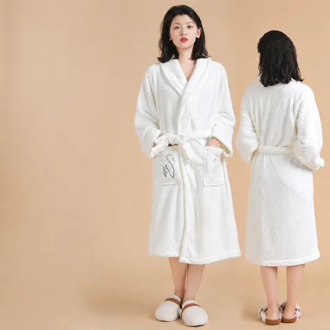 Bata de Baño de Forro Polar Coral para Adulto Ropa de Dormir Suave y Absorbente Con Bordado de Cisne Cinturón Capucha Para Hogar Baño