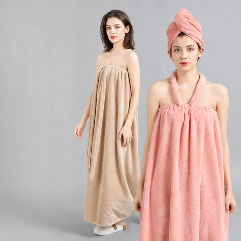 Peignoir en Flanelle Corail Halter Jupe de Bain Portable Doux Absorbant Serviette de Bain Allongée Avec Bonnet Cheveux Secs Maison