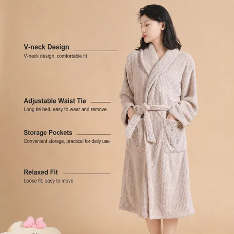 Bata de Baño de Forro Polar Coral para Adulto Ropa de Dormir Suave y Absorbente Con Bordado de Cisne Cinturón Capucha Para Hogar Baño