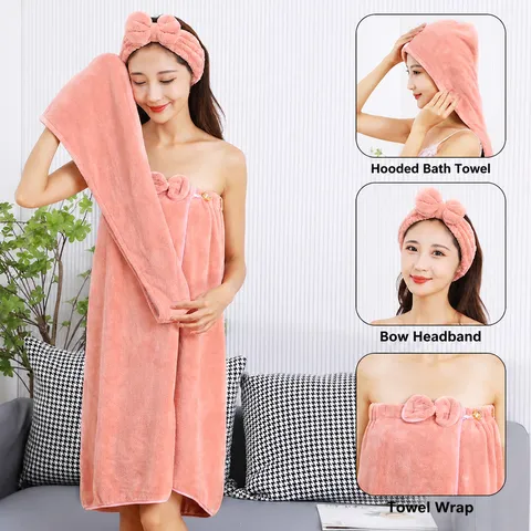 Set de Serviette de Bain en Polaire Corail Jupe de Bain Portable Bonnet de Douche Nœud Bandeau Set de Trois Pièces Femmes Peignoir Maison