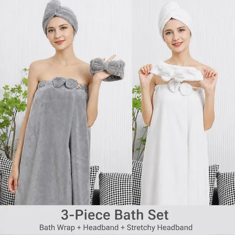 Set de Serviette de Bain en Polaire Corail Jupe de Bain Portable Bonnet de Douche Nœud Bandeau Set de Trois Pièces Femmes Peignoir Maison