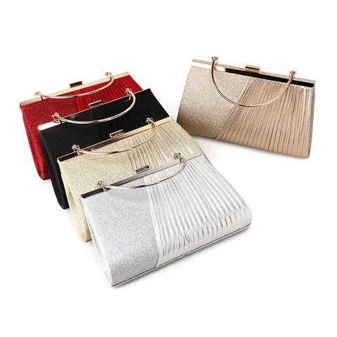 Damen Pailletten Plissiert Abendtasche Metallischer runder Griff Clutch Geldbörse Elegante Party Bankett Handtasche