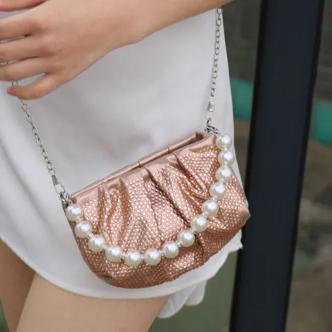 Damen Abendtasche Clutch Strass Perlenbesetzt Umhängetasche Schultertasche Luxus Plissiert Party Hochzeit Handtasche