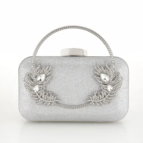 Damen Glitzer Abendtasche Strass Feder Clutch Tasche Metallischer runder Griff Hochzeit Party Handtasche