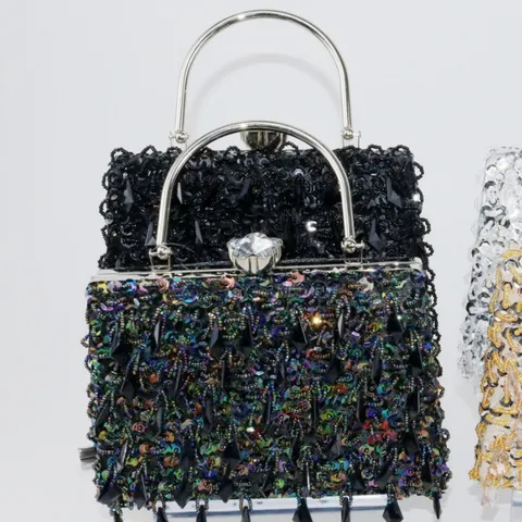 Damen Abendtasche Luxus Pailletten Perlenbesetzt Clutch Tasche Metallgriff Kristallschloss Bankett Party Hochzeit Handtasche