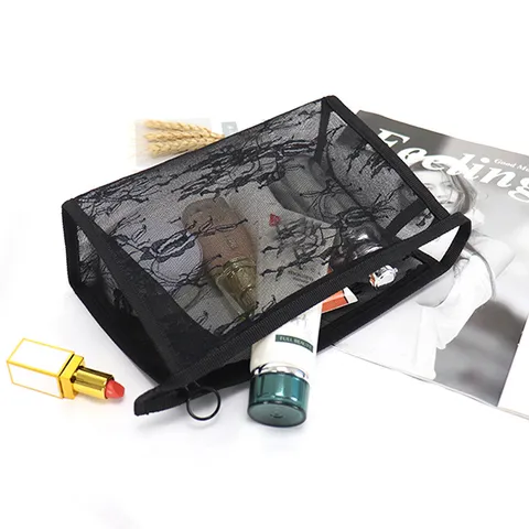Schwarze Spitzen Mesh Kosmetiktasche Tragbare Große Kapazität Transparente Reise Make-up Tasche Kulturbeutel Organizer