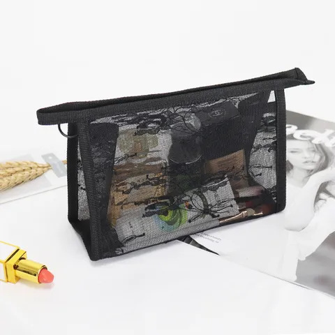 Schwarze Spitzen Mesh Kosmetiktasche Tragbare Große Kapazität Transparente Reise Make-up Tasche Kulturbeutel Organizer