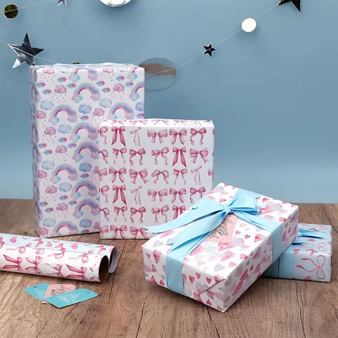 Rollo de Papel de Regalo de Cumpleaños con Hermosos Diseños de Dibujos Animados Arcoíris Corazón y Lazo Ideal para Decorar