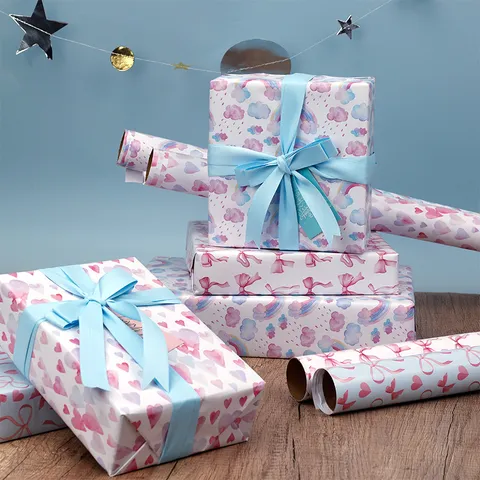 Rollo de Papel de Regalo de Cumpleaños con Hermosos Diseños de Dibujos Animados Arcoíris Corazón y Lazo Ideal para Decorar