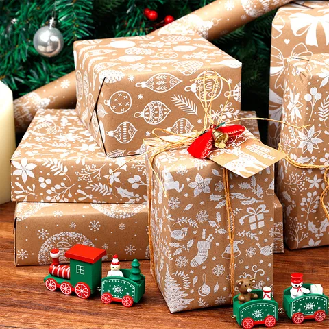 Vintage Christmas Kraft Wrapping Paper Roll Festive White Printed Gift Wrap Paper For DIY Holiday Party Decor