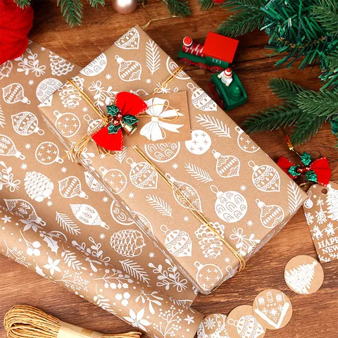 Vintage Christmas Kraft Wrapping Paper Roll Festive White Printed Gift Wrap Paper For DIY Holiday Party Decor