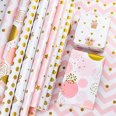 Glossy Art Paper Pink Gift Wrapping Paper Metallic Gold Foil Star Dot Design For Birthday Party Holiday Present Packaging