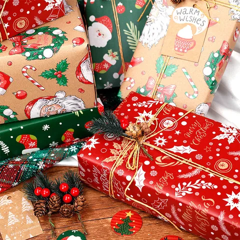 Christmas Wrapping Paper Santa Claus Snowflake Bell Holiday Gift Wrap Set