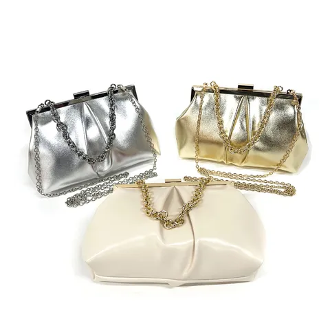 Damen Abendtasche Plissiert PU Leder Clutch Handtasche Elegant Hochzeit Bankett Umhängetasche Mit Metallkette