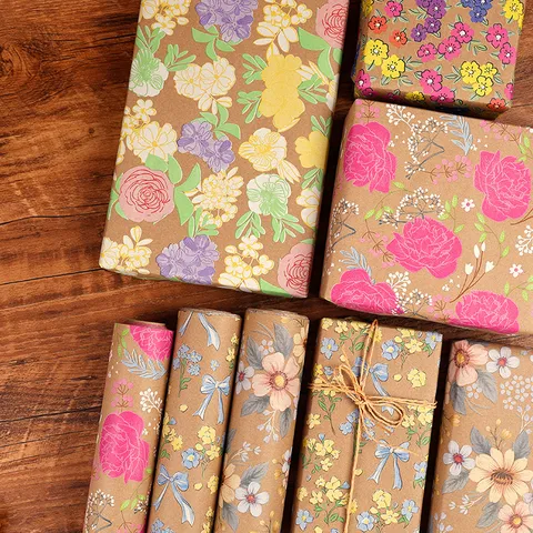 Rouleau de Papier Cadeau Floral Vintage en Papier Kraft pour Anniversaire Mariage Fête