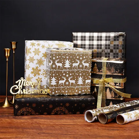 Christmas Gift Wrapping Paper Roll Gold Stamping Elk Snowflake Kraft Paper Holiday Party Gift Packaging Supplies