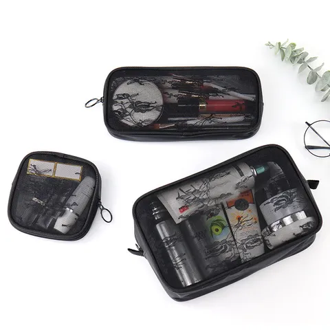 Portable Large Capacity Transparent Lace Mesh Makeup Bag Toiletry Storage Pouch Black Travel Organizer Bag Set