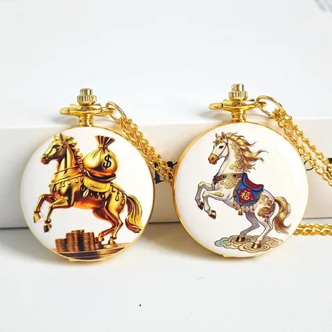 Vintage Gold Quartz Pocket Watch Chinese Style Painted Horse Pendant Necklace Watch Men Women Gift