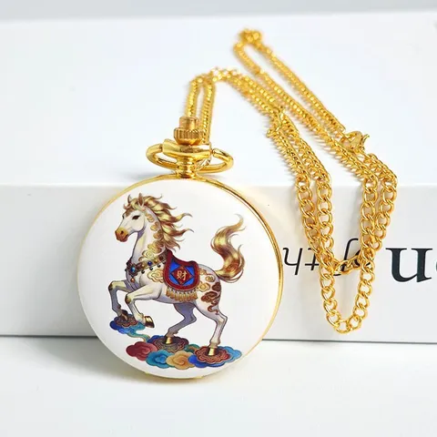 Vintage Gold Quartz Pocket Watch Chinese Style Painted Horse Pendant Necklace Watch Men Women Gift