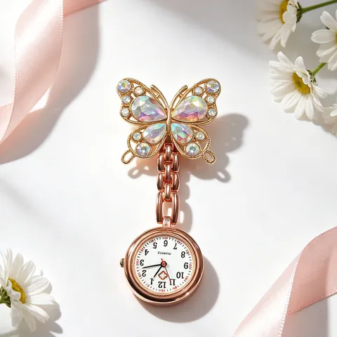 Orologio da Infermiera al Quarzo con Farfalla in Cristallo Strass alla Moda Orologio da Tasca Portatile Gioielli da Lavoro Medico per Donna