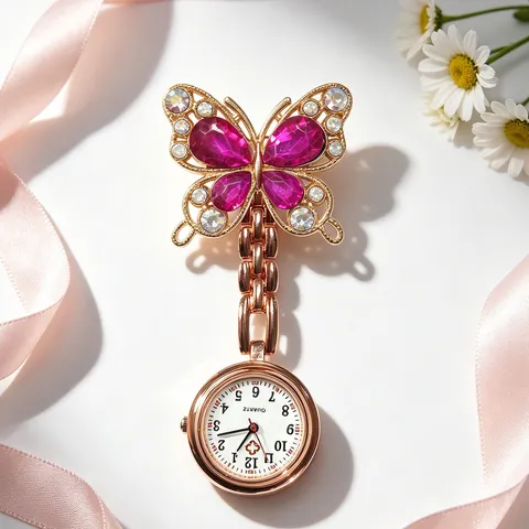 Orologio da Infermiera al Quarzo con Farfalla in Cristallo Strass alla Moda Orologio da Tasca Portatile Gioielli da Lavoro Medico per Donna