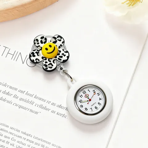 Cute Cartoon Smile Flower Nurse Watch Silicone Retractable Hanging Pocket Watch Quartz Luminous Brooch Watch For Women Medical Work