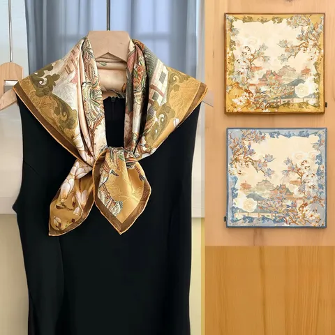 Chique Moerbeizijde Vierkante Sjaal Chinese Stijl Vintage Bloemen Bedrukt Halstuch Mode Hoofddoek Voor Vrouwen