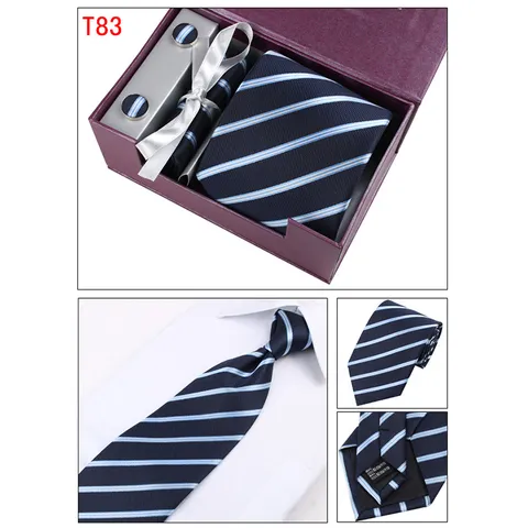 Heren Business Formele Trouw Stropdas Set Polyester Zijde Jacquard Gestreepte Stropdas Met Manchetknopen En Zakdoek Geschenkdoos