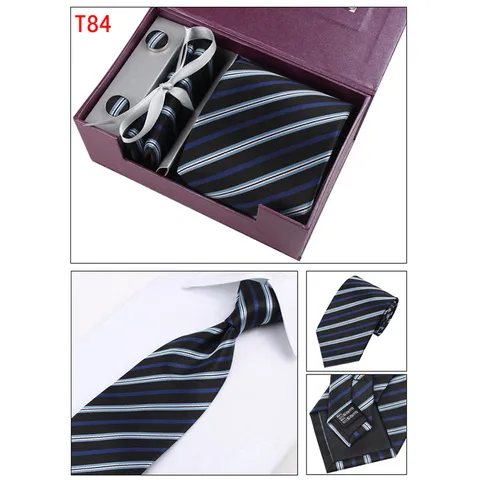 Heren Business Formele Trouw Stropdas Set Polyester Zijde Jacquard Gestreepte Stropdas Met Manchetknopen En Zakdoek Geschenkdoos
