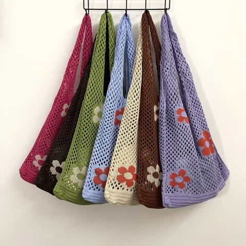 Damen Gestrickte Blumen Hohl Netz Tragetasche Häkeln Blume Umhängetasche Lässige Sommer Strand Handtasche Polyester