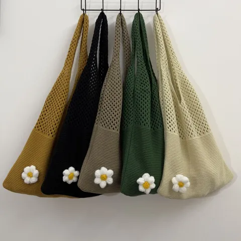 Koreanische Ins Gestrickte Umhängetasche Gewebt Blume Hohl Große Kapazität Polyester Handtasche Für Damen Täglich Reisen