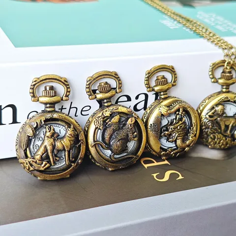 Vintage Hollow Carved Chinese Zodiac Pocket Watch Retro Bronze Quartz Pocket Watches With Chain Holiday Gifts