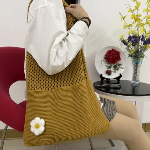Koreanische Ins Gestrickte Umhängetasche Gewebt Blume Hohl Große Kapazität Polyester Handtasche Für Damen Täglich Reisen
