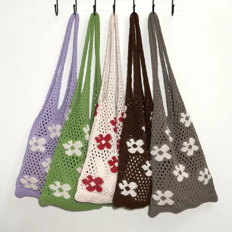 Women Knitted Flower Tote Bag Hollow Out Floral Shoulder Bag Vintage Crochet Handbag Casual Beach Shopper Bag Knitted Purse