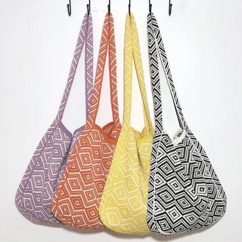 Geometrische Gestrickte Tragetasche Für Damen Polyester Gewebte Schultertasche Rautenmuster Lässige Offene Tägliche Einkaufshandtasche