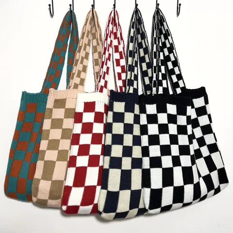 Damen Gestrickte Schachbrett-Tote-Bag Vintage Häkeln Gitter Schultertasche Lässige Handtasche Faltbare Wiederverwendbare Einkaufstasche