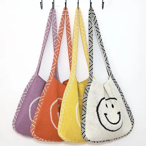 Damen Strick Tote Bag Mit Lächeln Muster Geometrisch Gewebte Umhängetasche Lässige Polyester Handtasche Kapazität Crossbody Bag